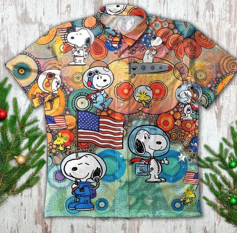 Snoopy Astronaut Button Cartoon Peanuts For Men And Women Graphic Print Short Sleeve Hawaiian Casual Shirt 80