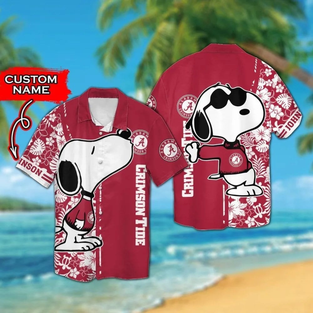 Alabama Crimson Tide & Snoopy Custom Personalized Short Sleeve Button Up Tropical Aloha Hawaiian Shirts For Men Women Ncaa
