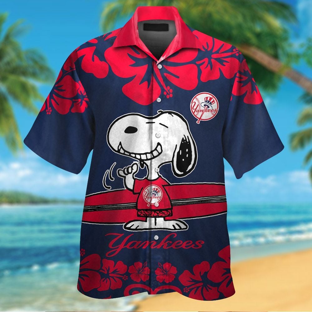 New York Yankees Snoopy Short Sleeve Button Up Tropical Aloha Hawaiian Shirts For Men Women Mlb