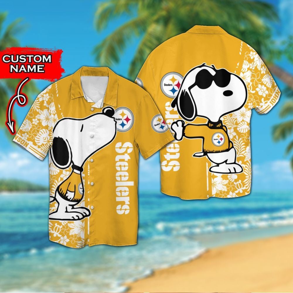 Pittsburgh Steelers & Snoopy Custom Personalized Short Sleeve Button Up Tropical Aloha Hawaiian Shirts For Men Women Nfl