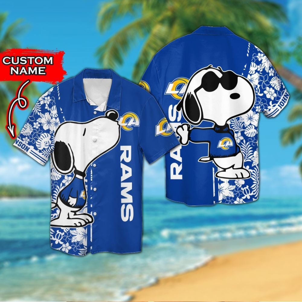Los Angeles Rams & Snoopy Custom Personalized Short Sleeve Button Up Tropical Aloha Hawaiian Shirts For Men Women Nfl