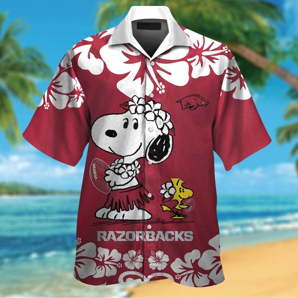 Arkansas Razorbacks & Snoopy Short Sleeve Button Up Tropical Aloha Hawaiian Shirts For Men Women Ncaa