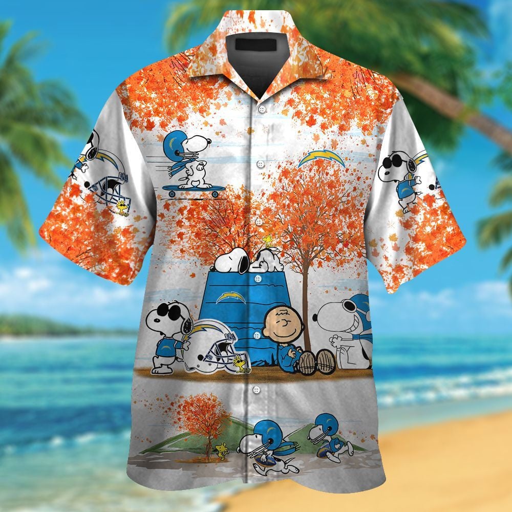 Los Angeles Chargers Snoopy Autumn Short Sleeve Button Up Tropical Aloha Hawaiian Shirts For Men Women Nfl