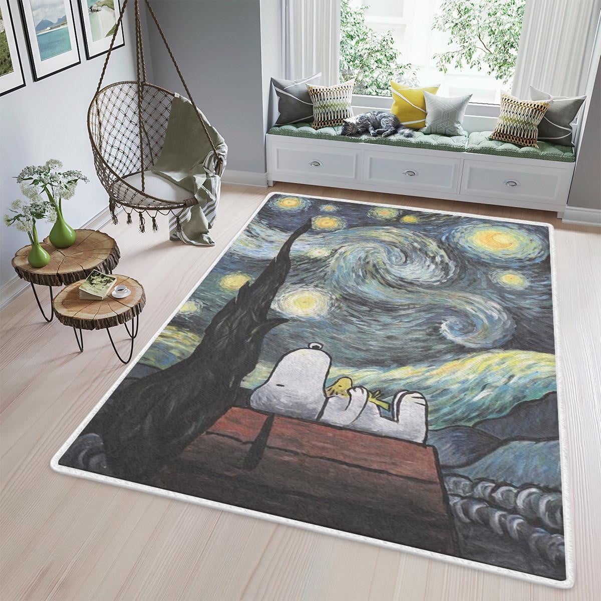 Snoopy Area Rug Living Room, Snoopy Peanuts Woodstock Starry Night Gift For Fan Rug Home Decor Floor Decor