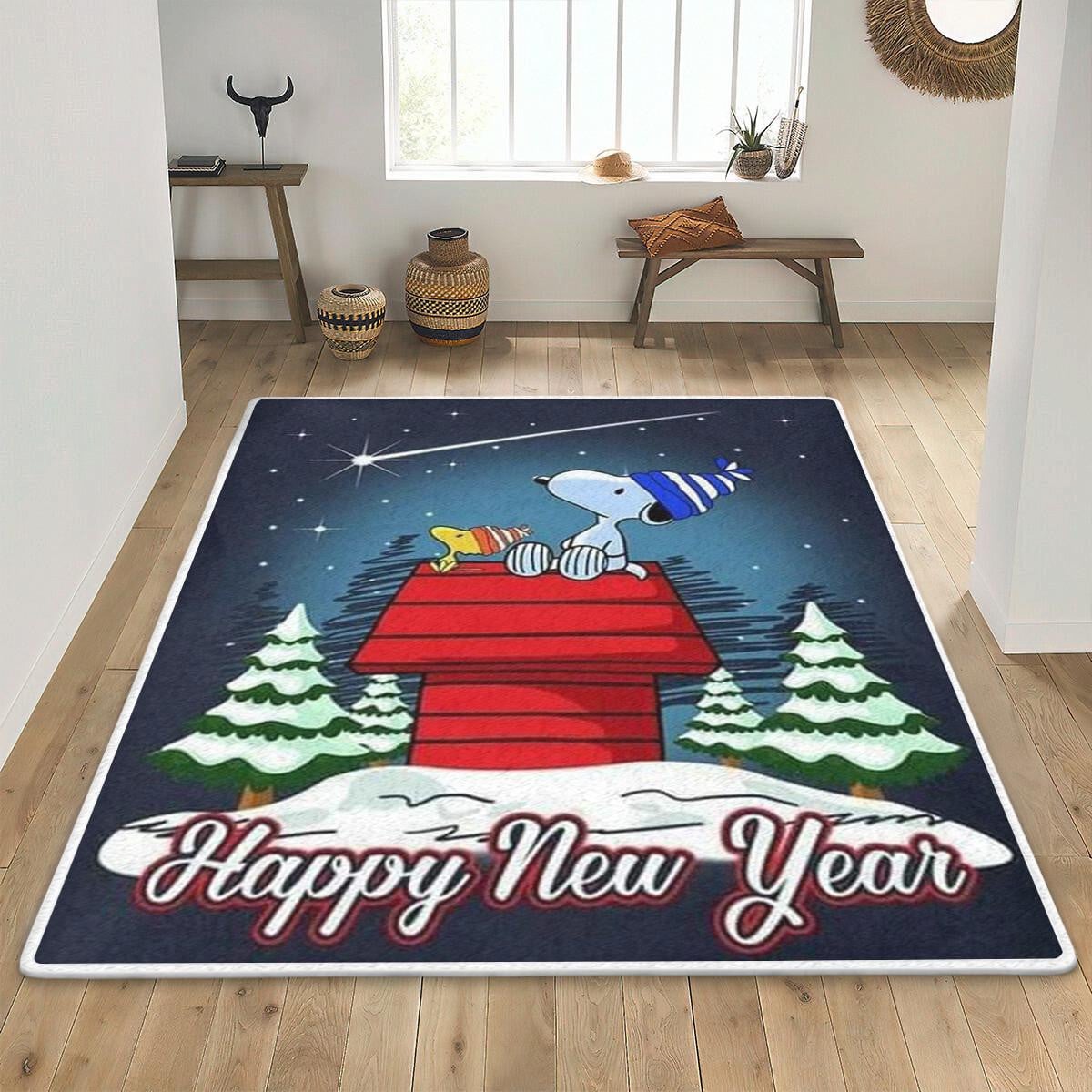 Snoopy The Peanuts Fan Gift, Snoopy And Woodstock Happy New Year Area Rug Living Room, Snoopy Rug Home Decor Floor Decor