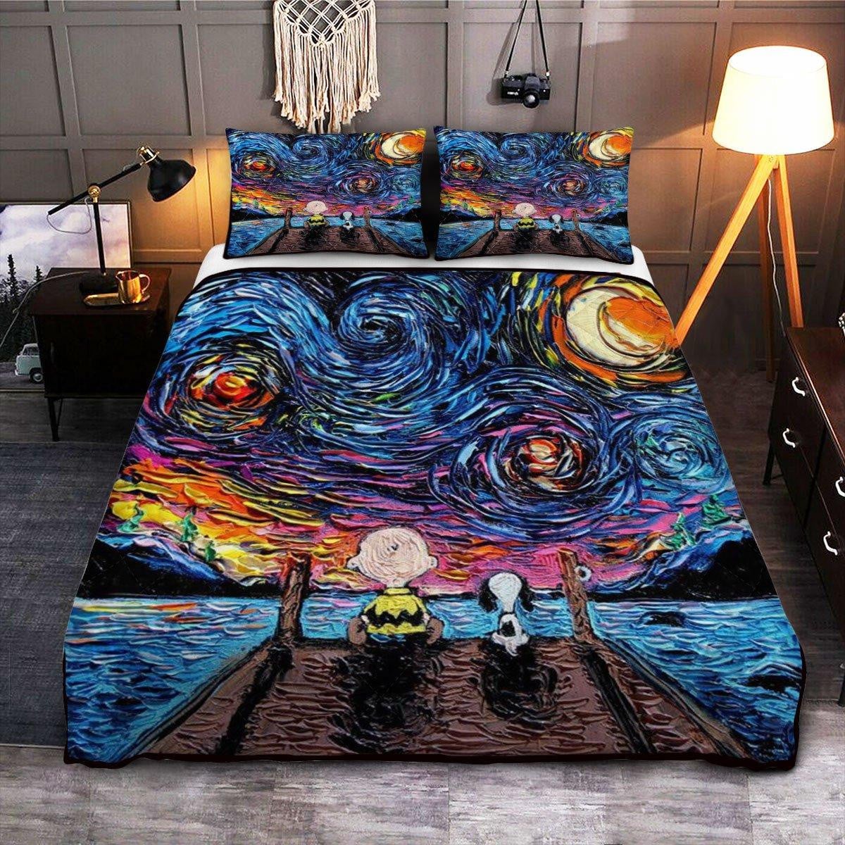 For Snoopy Charlie Brown Starry Night Lover Fan Gift,snoopy Fan Gift, Snoopy Duvet Quilt Bedding Set