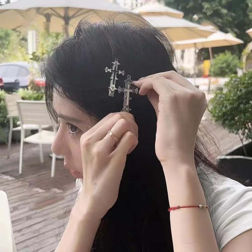 Cross Hair Clips Halloween Goth Hair Accessories for Women Girls Metal Y2K Gothic Cross Barrettes Hairpins Alligator Clips Set