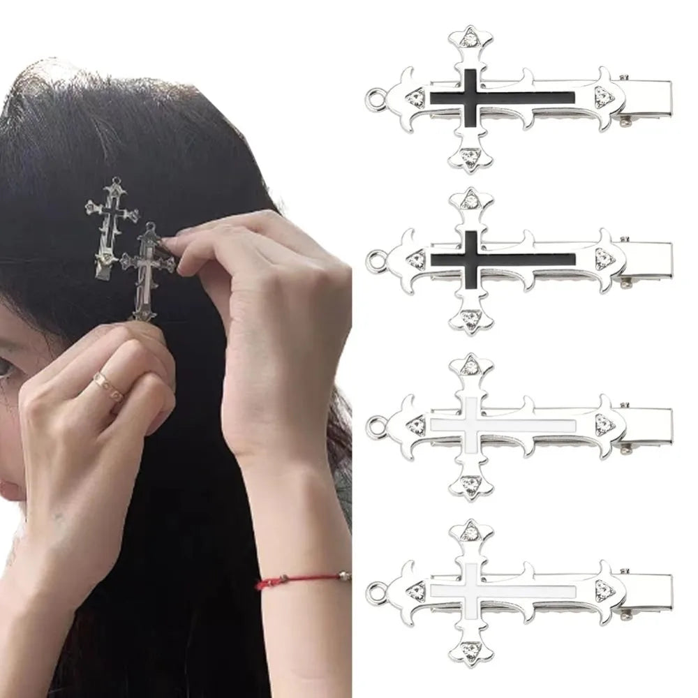 Cross Hair Clips Halloween Goth Hair Accessories for Women Girls Metal Y2K Gothic Cross Barrettes Hairpins Alligator Clips Set