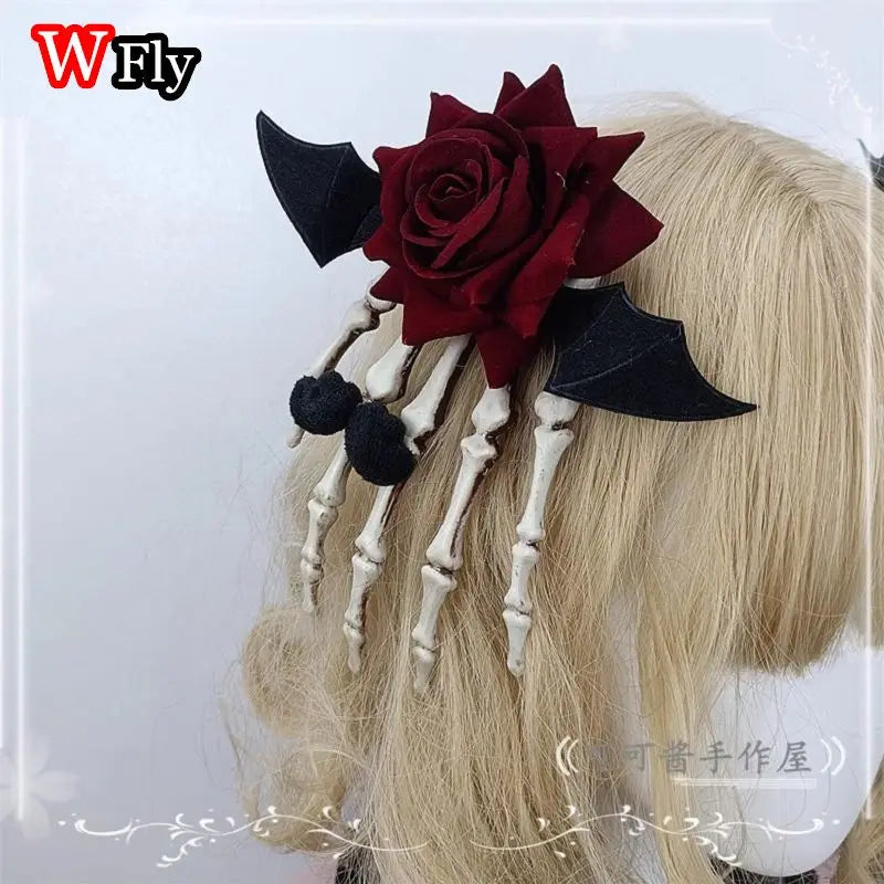Women's Harajuku Steampunk Handmade Wine Red Rose Skeleton Finger Clip Halloween Headwear Spicy Girls Lolita Y2K Gothic Hairpins