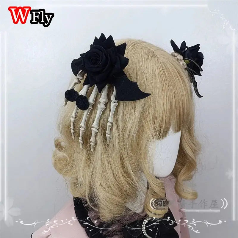 Women's Harajuku Steampunk Handmade Wine Red Rose Skeleton Finger Clip Halloween Headwear Spicy Girls Lolita Y2K Gothic Hairpins